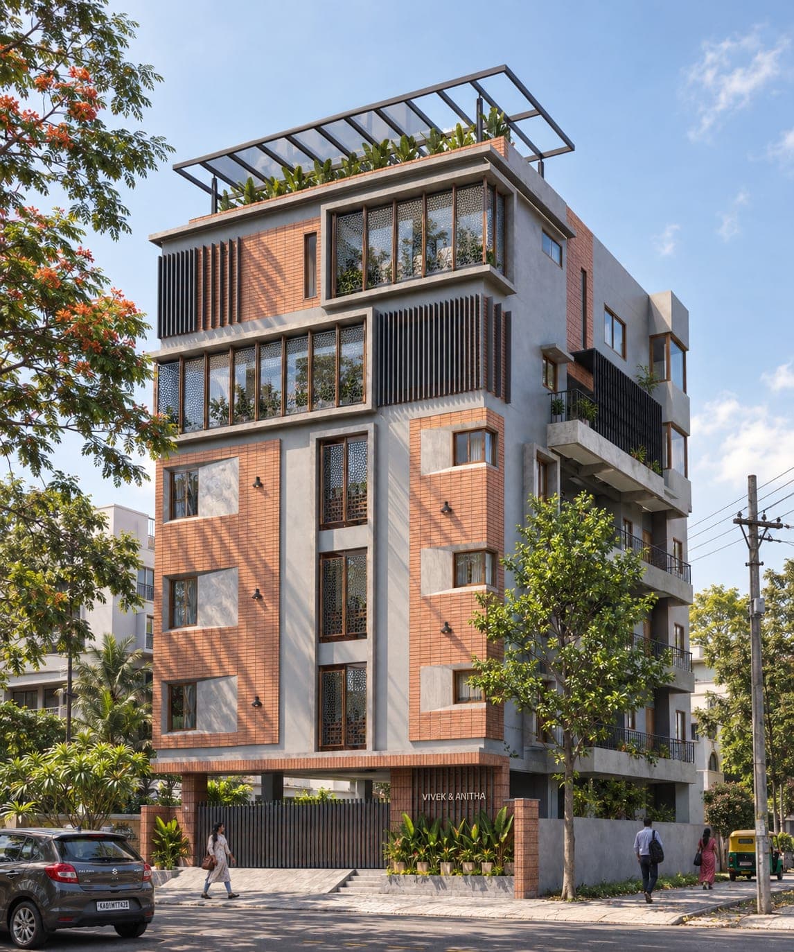 Brick and concrete residence with planted terraces, built by BLOQODE in Bengaluru